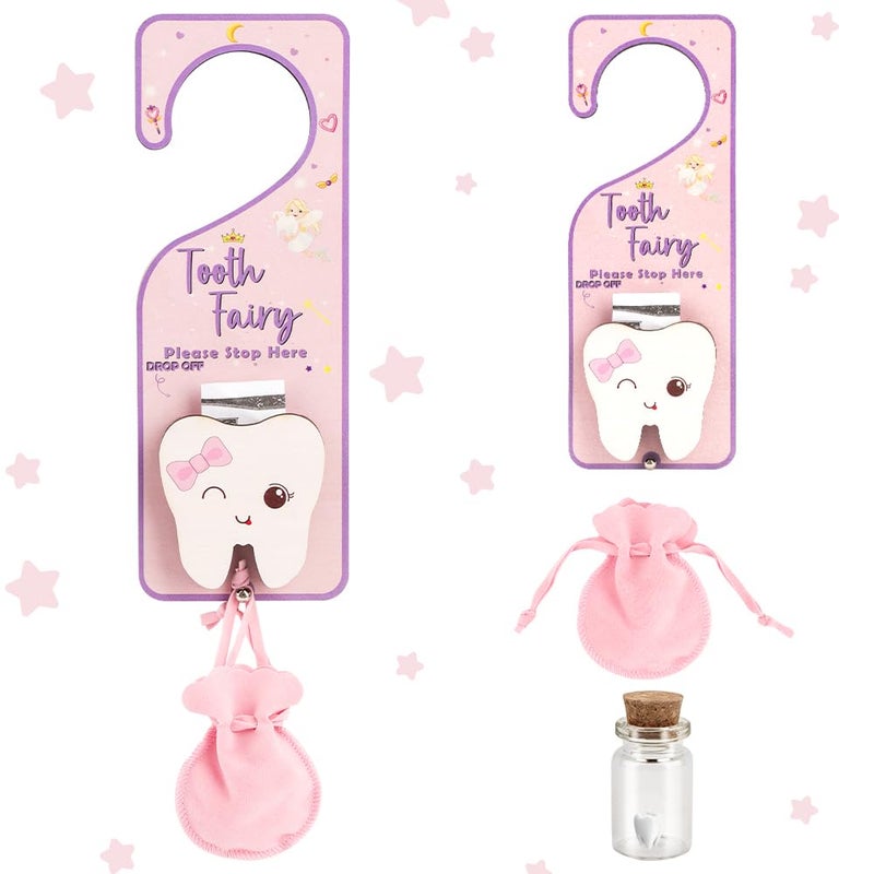 WALLFID 3Piece Set, Tooth Holder,Tooth Fairy Door Hanger,Keepsake Bottle & Velvet Bag for Lost Teeth,Encouraging Gift for Boys and Girls. (Tooth Fairy) - Image 1